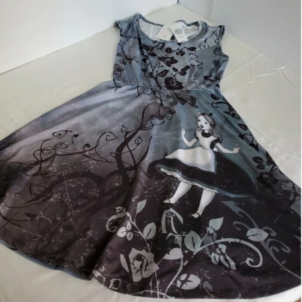 Disney Alice In Wonderland Keyhole Gothic Art Sleeveless Dress Womens Small NWT